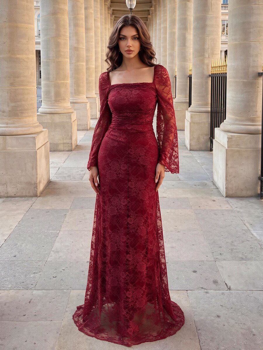 Poshira Square Neck Flounce Sleeve Lace Formal Elegant Dress Wedding Dinner Evening Event Burgundy Winter - Burgundy - View 1