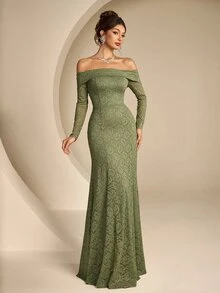 Coutiva Women's Off-Shoulder Long Sleeve Lace Mermaid Hem Elegant Romantic Formal Wedding Guest Evening Gown (Intricate Design) Olive Green Fall - Green - View 5