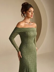 Coutiva Women's Off-Shoulder Long Sleeve Lace Mermaid Hem Elegant Romantic Formal Wedding Guest Evening Gown (Intricate Design) Olive Green Fall - Green - View 7