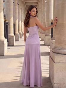 Poshira Women's Pearl Chiffon Contrast Lace Halter Neck Ruched Waist Long Formal Evening Gown (Heavy Workmanship Style) - Purple - View 5