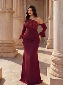 Coutiva Plus Size Women's Rhinestone Decorated Asymmetrical Shoulder Long Sleeve Mermaid Hem Elegant Formal Evening Gown - Burgundy - View 6