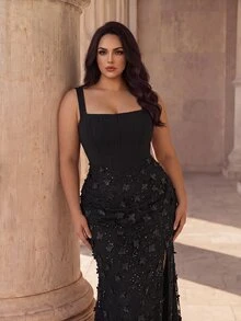 Coutiva Plus Size Beaded Embroidered Patchwork Twisted Yarn Distressed Wide Strap Long Side Slit Formal Wedding Guest Evening Gown Black Autumn Elegant - Black - View 6