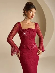 Coutiva Gaun Malam Formal Panjang Wanita dengan Renda, Lengan Panjang dan Manik Depan (Gaya Pengerjaan Berat) - Burgundy - View 6