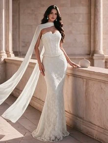 Coutiva Women's Faux Pearl Decorated Lace Strapless Mermaid Formal Evening Gown, Perfect For Formal Dinners & Cocktail Parties - Apricot - View 6