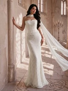 Coutiva Women's Faux Pearl Decorated Lace Strapless Mermaid Formal Evening Gown, Perfect For Formal Dinners & Cocktail Parties - Apricot - View 4