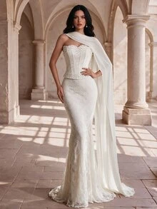 Coutiva Women's Faux Pearl Decorated Lace Strapless Mermaid Formal Evening Gown, Perfect For Formal Dinners & Cocktail Parties - Apricot - View 7