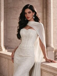 Coutiva Women's Faux Pearl Decorated Lace Strapless Mermaid Formal Evening Gown, Perfect For Formal Dinners & Cocktail Parties - Apricot - View 9