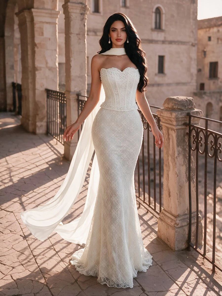 Coutiva Women's Faux Pearl Decorated Lace Strapless Mermaid Formal Evening Gown, Perfect For Formal Dinners & Cocktail Parties - Apricot - View 1
