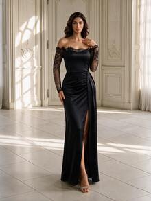Coutiva Women's Lace Patchwork Pleated Slit Strapless Formal Evening Gown Dress (Intricate Design) - Black - View 2