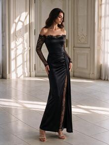 Coutiva Women's Lace Patchwork Pleated Slit Strapless Formal Evening Gown Dress (Intricate Design) - Black - View 3