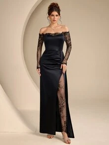 Coutiva Women's Lace Patchwork Pleated Slit Strapless Formal Evening Gown Dress (Intricate Design) - Black - View 5