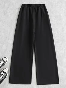 SHEIN Casuvi Kids 青少年男孩保暖內裡加厚時尚極簡休閒街頭風寬鬆運動風織帶設計拼接寬腿梭織長褲，秋季黑色 - 黑色 - 查看 2