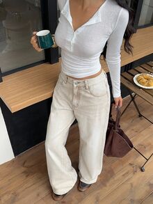 SHEIN PETITE 女款寬腿鬆垮休閒百搭牛仔褲，附口袋，秋冬優雅正式 Y2K 可愛百搭時尚萬聖節毛絨加絨小碼 - 卡其色 - 查看 4