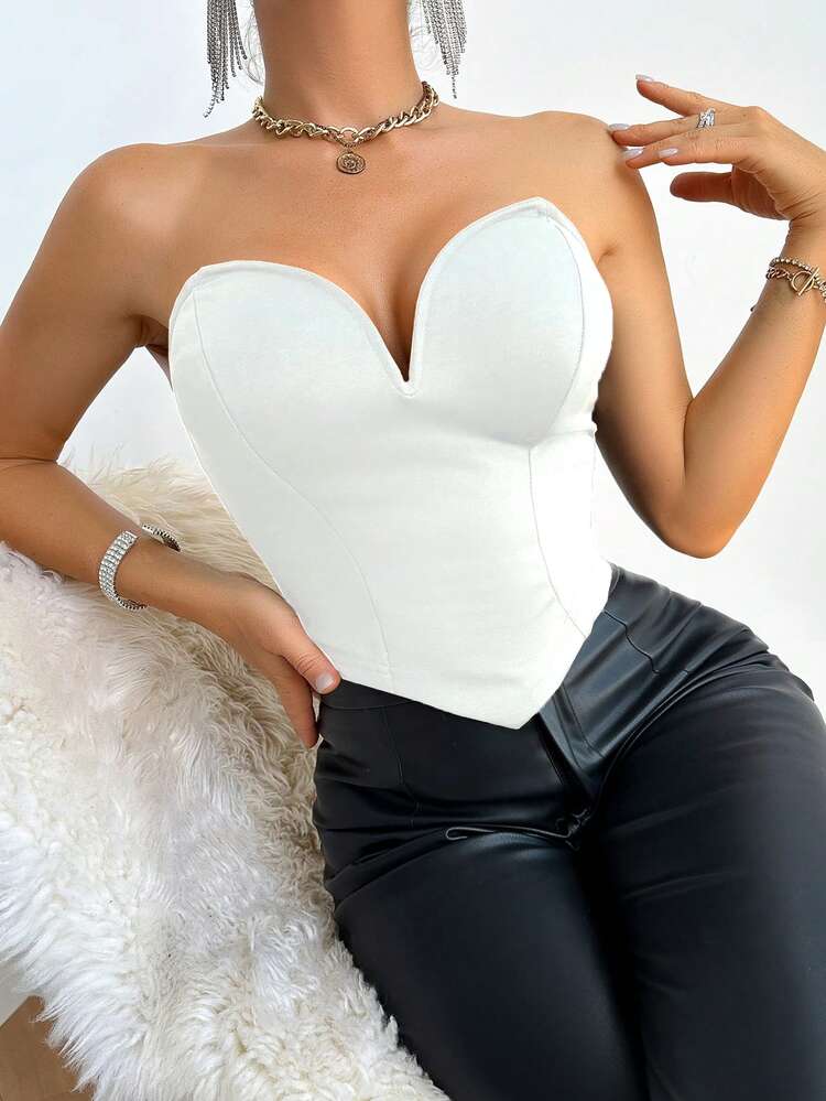 Zolique White Summer 70s Club Party Women's Fashionable Slim Fit V-Neck Strapless Camisole Top,Asymmetrical Grommet Eyelet Lace Up Plain Top For Nightclub - White - View 5
