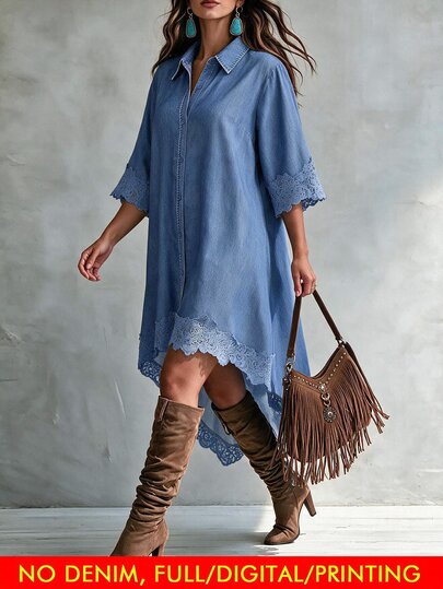 Linhara CURVE Plus Size Women's Vintage Blue Lapel Single-Breasted Loose Straight Fit 3/4 Sleeve Contrast Lace Trim Front Short Back Long Shirt Dress, Suitable For Daily Shopping, Commuting, Home Wear, Casual Dating, Beach Outings, Leisure Wear