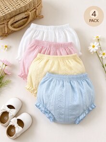 SHEIN Playful Pals 3件組女嬰夏季柔色短褲套裝 米色白色粉色 極簡風格 寬鬆版型 戶外舒適 白色與藍色可愛度假風 - 彩色 - 查看 9