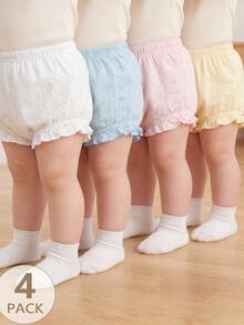 SHEIN Playful Pals 3件組女嬰夏季柔色短褲套裝 米色白色粉色 極簡風格 寬鬆版型 戶外舒適 白色與藍色可愛度假風 - 彩色 - 查看 3