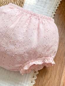 SHEIN Playful Pals 3件組女嬰夏季柔色短褲套裝 米色白色粉色 極簡風格 寬鬆版型 戶外舒適 白色與藍色可愛度假風 - 彩色 - 查看 5