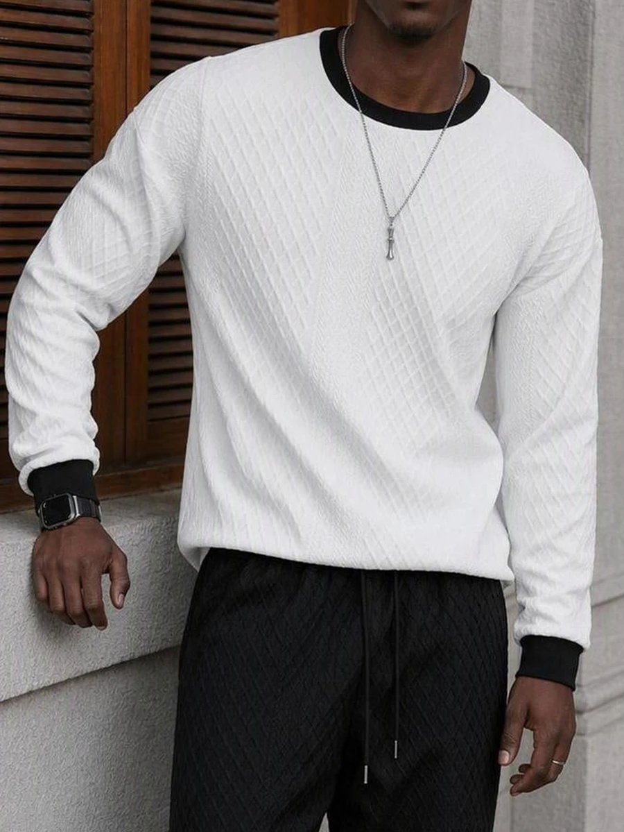 Mainfolk Men's Geometric Plaid Long Sleeve T-Shirt And Pants Casual Set - Black and White - View 1