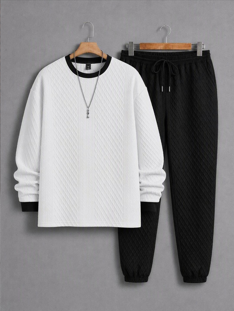 Mainfolk Men's Geometric Plaid Long Sleeve T-Shirt And Pants Casual Set - Black and White - View 10