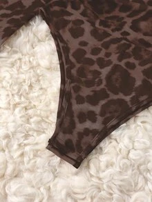 Juhart Plus Size Women Leopard Print Mesh Shoulder Cut-Out Long Sleeve Bodysuit Fall Winter - Brown - View 4