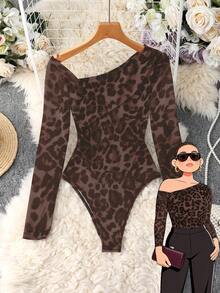 Juhart Plus Size Women Leopard Print Mesh Shoulder Cut-Out Long Sleeve Bodysuit Fall Winter - Brown - View 8