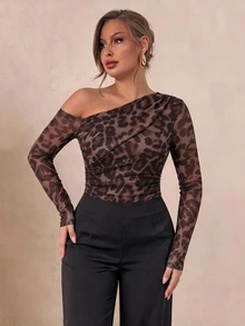 Juhart Plus Size Women Leopard Print Mesh Shoulder Cut-Out Long Sleeve Bodysuit Fall Winter - Brown - View 1