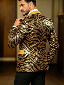 Manfinity AFTRDRK Men's Luxurious Party Gold Sequin Patchwork Beige Single-Breasted Blazer, Best Choice For Holiday Gift - Gold - View 2