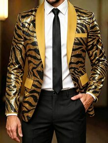 Manfinity AFTRDRK Men's Luxurious Party Gold Sequin Patchwork Beige Single-Breasted Blazer, Best Choice For Holiday Gift - Gold - View 1
