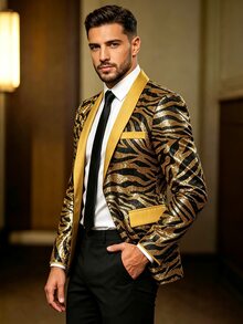Manfinity AFTRDRK Men's Luxurious Party Gold Sequin Patchwork Beige Single-Breasted Blazer, Best Choice For Holiday Gift - Gold - View 5