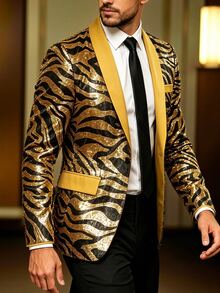 Manfinity AFTRDRK Men's Luxurious Party Gold Sequin Patchwork Beige Single-Breasted Blazer, Best Choice For Holiday Gift - Gold - View 3