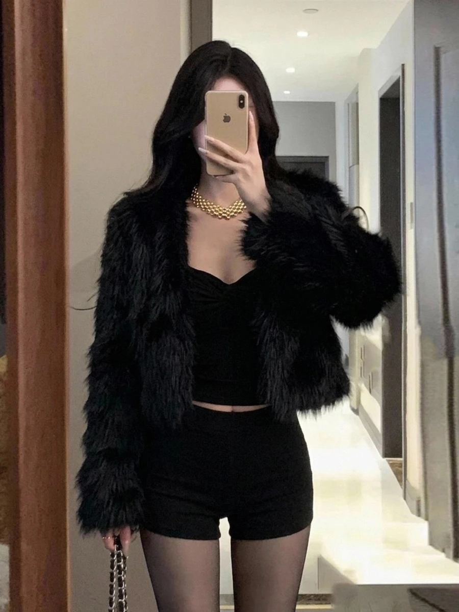 DAZY Women's Long Sleeve Short Faux Fur Casual Winter Jacket - Black - View 1