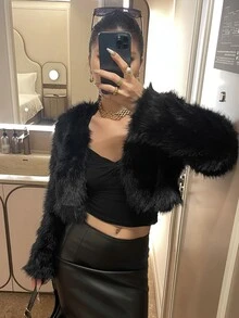 DAZY 女款長袖短款人造毛皮休閒冬季夾克 - 黑色 - 查看 5
