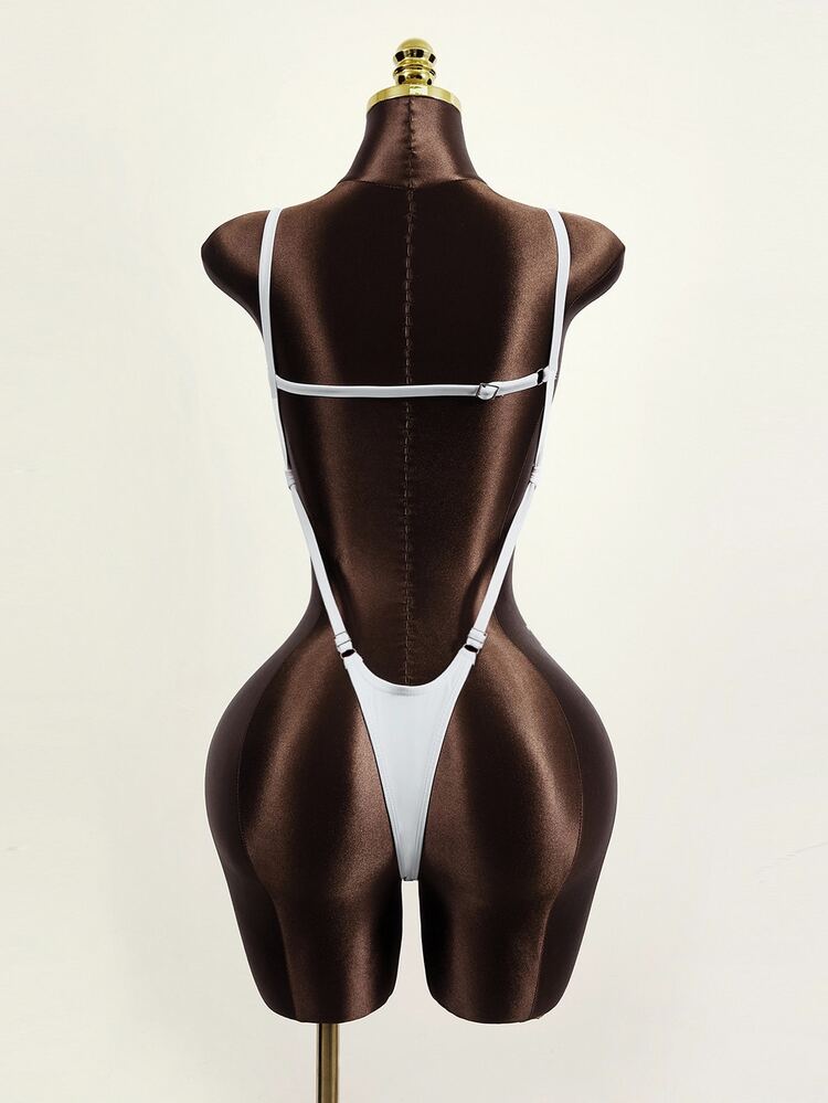 SHEIN Swim Women's Solid Color Backless One-Piece Swimsuit For Summer Beach - White - View 3
