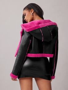Radiana Black PU Jacket With Fuchsia Faux Fur Lining,Short Motorcycle Jacket,Winter Street Fashion Thermal Lined Snow Ski Insulated Jacket,Techno,Club,Rave - Black - View 2