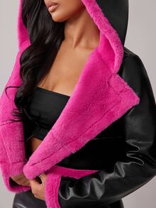 Radiana Black PU Jacket With Fuchsia Faux Fur Lining,Short Motorcycle Jacket,Winter Street Fashion Thermal Lined Snow Ski Insulated Jacket,Techno,Club,Rave - Black - View 5