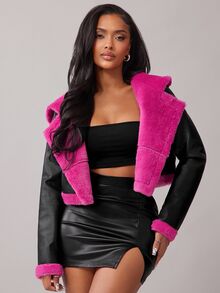 Radiana Black PU Jacket With Fuchsia Faux Fur Lining,Short Motorcycle Jacket,Winter Street Fashion Thermal Lined Snow Ski Insulated Jacket,Techno,Club,Rave - Black - View 3