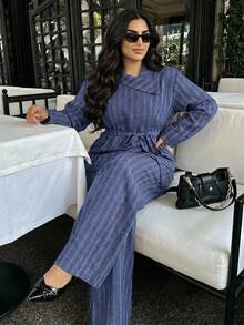 Dazy Plus Striped Collared Long Sleeve Shirt And Loose Straight Leg Pants Casual 2 Pieces Set - Dusty Blue - View 6
