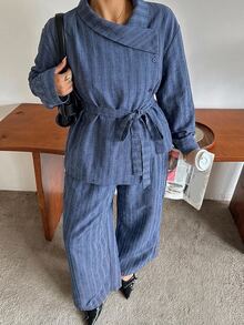 Dazy Plus Striped Collared Long Sleeve Shirt And Loose Straight Leg Pants Casual 2 Pieces Set - Dusty Blue - View 4