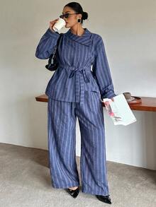 Dazy Plus Striped Collared Long Sleeve Shirt And Loose Straight Leg Pants Casual 2 Pieces Set - Dusty Blue - View 5