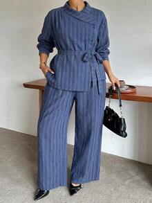 Dazy Plus Striped Collared Long Sleeve Shirt And Loose Straight Leg Pants Casual 2 Pieces Set - Dusty Blue - View 8