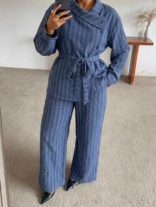 Dazy Plus Striped Collared Long Sleeve Shirt And Loose Straight Leg Pants Casual 2 Pieces Set - Dusty Blue - View 1