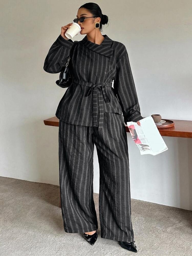 Dazy Plus Striped Collared Long Sleeve Shirt And Loose Straight Leg Pants Casual 2 Pieces Set - Black - View 4