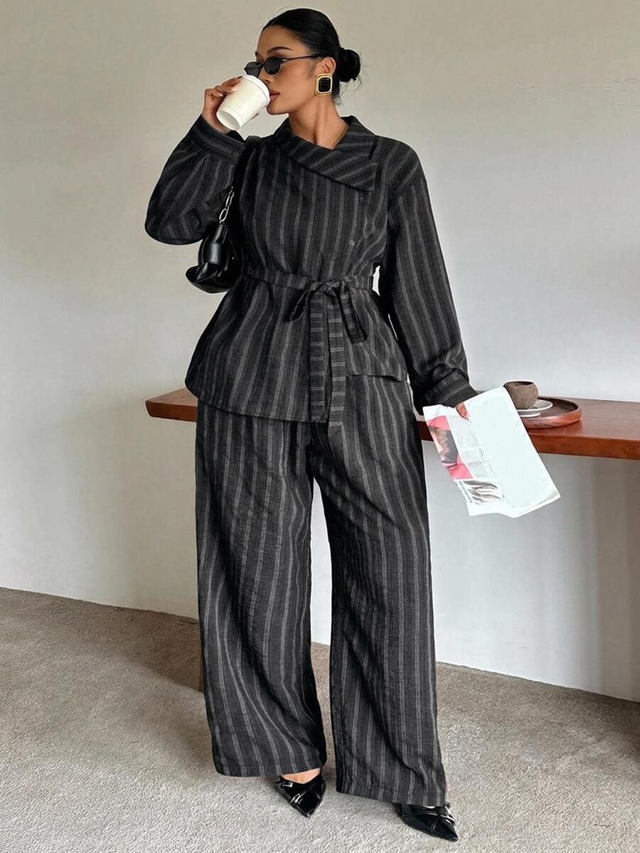 Dazy Plus Striped Collared Long Sleeve Shirt And Loose Straight Leg Pants Casual 2 Pieces Set - Black - View 1