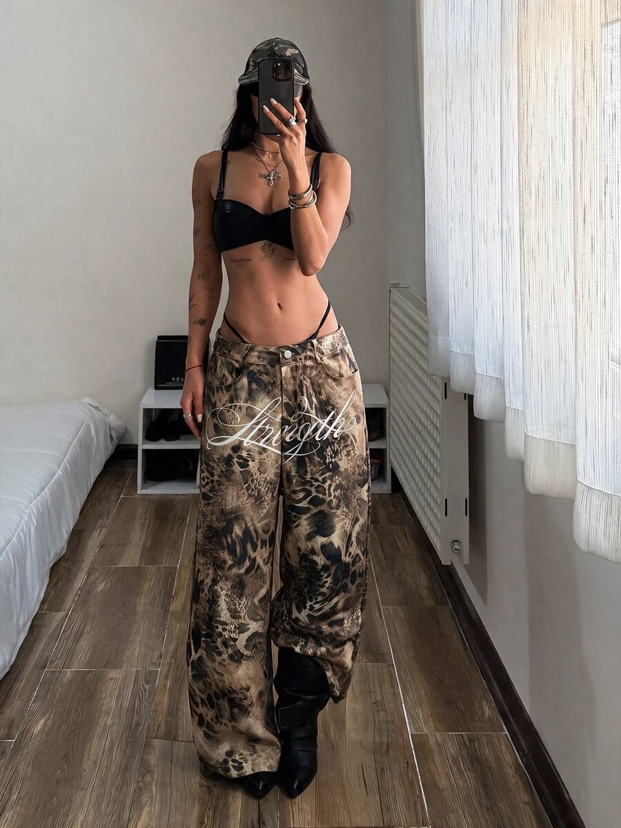StreetHx Women's Streetwear Black Animal Print Loose Straight Leg Pants - Multicolor - View 1