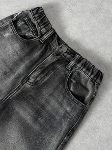 SHEIN 兒童青少年男孩黑色羊毛內裡寬鬆舒適秋冬牛仔褲，適合上學穿著 - 黑色 - 查看 3