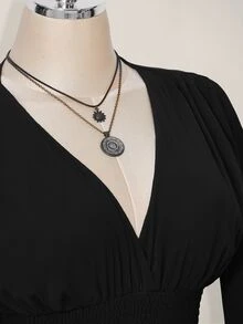 SHEIN ICON 女式纯色V领束腰优雅长袖迷你连衣裙 - 黑色 - 查看 6