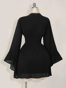 SHEIN ICON 女式纯色V领束腰优雅长袖迷你连衣裙 - 黑色 - 查看 10