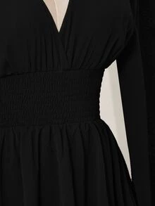 SHEIN ICON 女式纯色V领束腰优雅长袖迷你连衣裙 - 黑色 - 查看 7