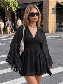 SHEIN ICON 女式纯色V领束腰优雅长袖迷你连衣裙 - 黑色 - 查看 12